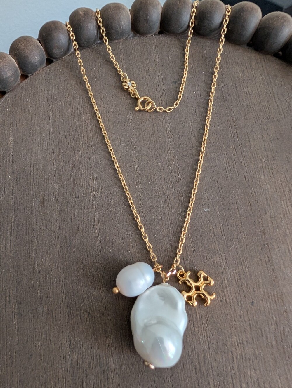 TORY BURCH Baroque Pearl Double T Logo Charm Pendant Necklace